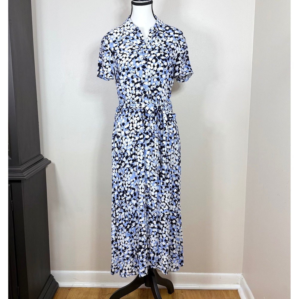 Talbots Womens Midi Shirt Dress Size 2 Blue Watercolor Dot Button Front Modest
